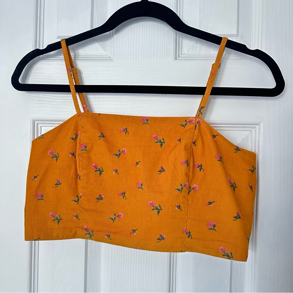 American Eagle Ladies Small Yellow Floral 100% Cotton 'Corduroy' Summer Crop Top